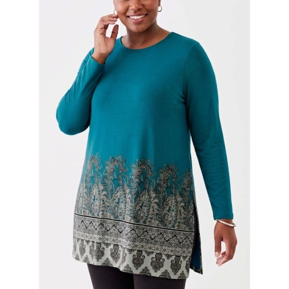 J. Jill Wearever Tunic XL Teal Paisley Long Sleeve Side Slit Rayon Stretch Knit